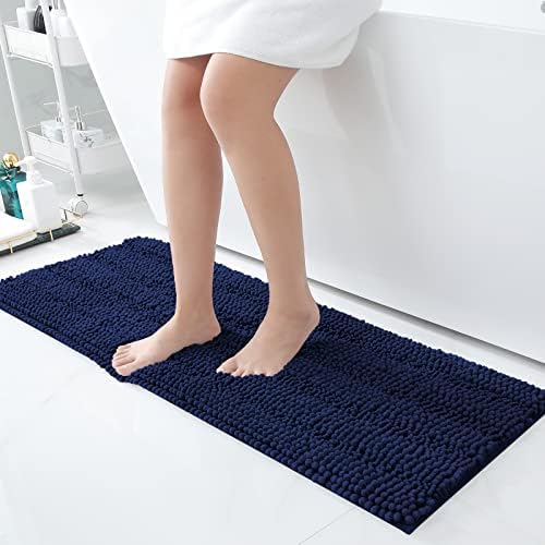 Grandaily Chenille Striped Bathroom Rug Mat, Extra Thick and Absorbent Bath Rugs, Non-Slip Soft Plush Shaggy Bath Carpet, Machine Wash Dry, Bath Mats for Bathroom, 47x17, Navy