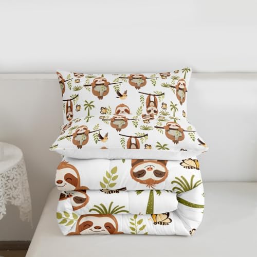Image of Feelyou Sloth Comforter Set Twin Size, Cartoon Sloth Comforter Set Kawaii Animals Comforter Kids Toddler Botanical Branches Duvet Set with 1 Pillow Case