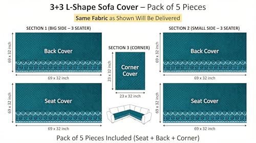 Image of Luxury Sofa Cover L Shape 6 Seater - Turquoise Diamond 3+3 Seater (6 Seater) Quilted Sofa Cover Set Pack of 5, Washable, Turquoise