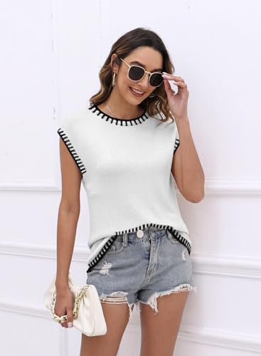 Image of Womens Cap Sleeve Sweater Vest Summer Tops Sleeveless Tank 2026 Trendy Spring Clothes Striped Short Sleeve Shirts