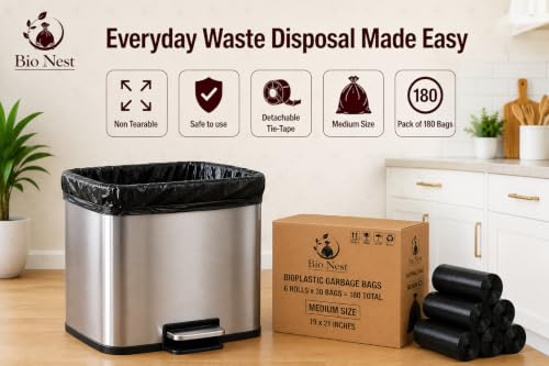 Image of Garbage Bags | Medium | 180 Count | 30 Bags X 6 Rolls | 19 X 21 Inches | For Dry & Wet Waste | Black