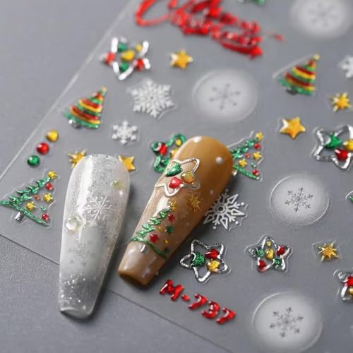 Image of Christmas Nail Art Stickers Snowflake Nail Decals 5D Embossed Self Adhesive Xmas Tree Star Nail Sticker for Nails Art Design Manicure Supplies Charm for Women Nails Decorations Accessories