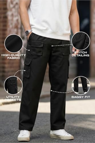 Image of Veirdo Pure Cotton Baggy Fit Regular Length Mid Rise 6 Pocket Cargos for Men (Colors Available: Black, Olive, Grey, Brown & Navy)
