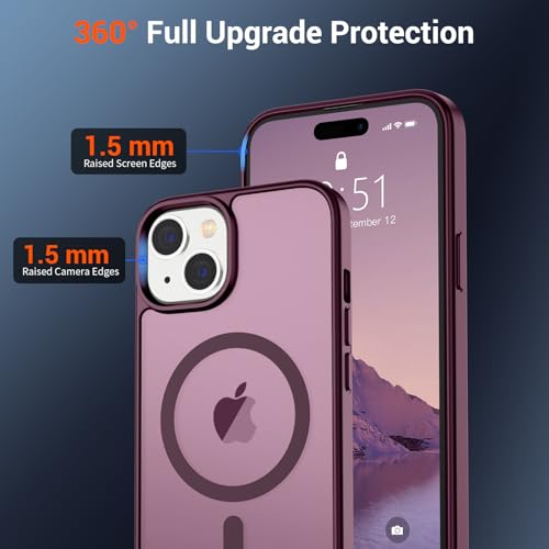 Image of SUPFINE Magnetic for iPhone 15 Case (Compatible with MagSafe) (Military Grade Drop Protection) Slim Translucent Matte Shockproof with Anti-Fingerprint Phone Case, Wine Red