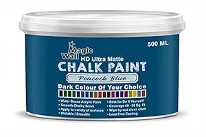 Chalk Paint Dark Colors | 500 ML - Ultra Matt Finish | Water Base Acrylic Paint | Coverage : 25 to 50 Sq. Ft. | Apply on Surfaces Like Walls, Boards, Furniture & Home Decor Products. (Peacock Blue)