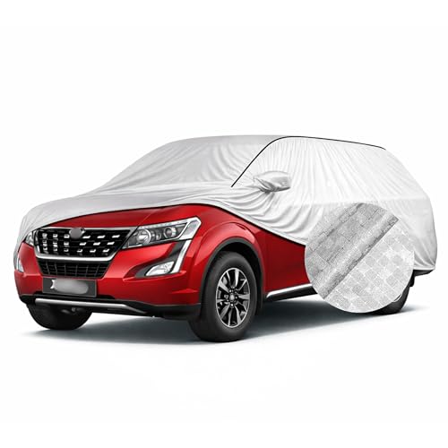 Image of SEAZEN Waterproof Car Cover for Mahindra XUV 500 | Dustproof, UV & Scratch Resistant Soft Cotton Lining | Triple Stitched, Mirror Pockets & Elastic Hem | Metallic Silver with Black Piping