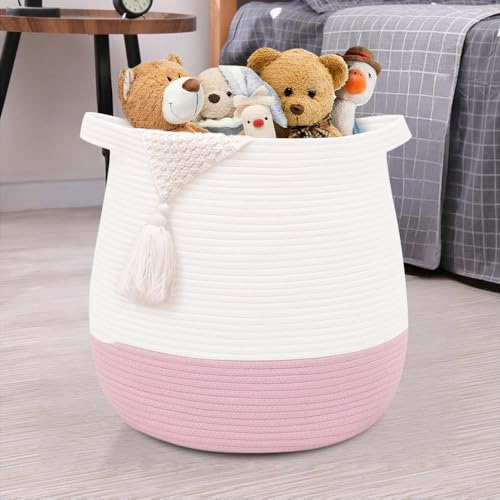 Image of childishness ndup Large Cotton Rope Basket, Woven Storage Basket for Toy, Laundry and Blanket Organizer, Round Hamper Basket with Handles for Kid's Room 17.7"x16.9"