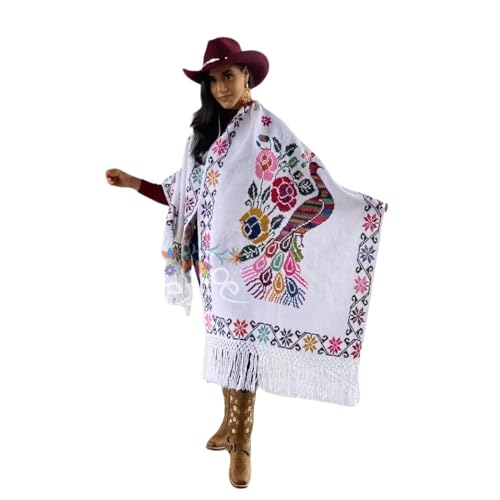Traditional Mexican Hand Embroidered Shawl. Rebozo Pavo Sencillo