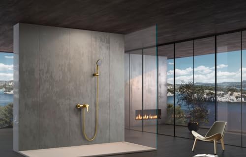 MICE - Rubinetteria monocomando per doccia con manico e flesso in ottone - Set miscelatore monocomando doccia a mano kit bagno oro spazzolato BDR001-5OC