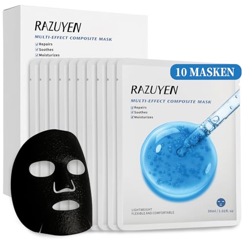 RAZUYEN Maschera viso di riparazione (10 maschere) per pelle secca e sensibile, maschera di stoffa viso con acido ialuronico, centella e pantenolo, rivitalizzazione e idratante