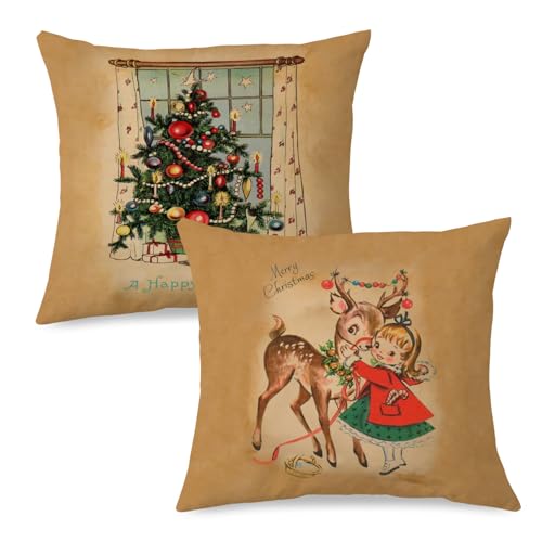 Christmas Tree Pillow Covers 18×18 Set of 2 Retro Happy Christmas Pillow Covers for Sofa Couch Retro Christmas Decor Christmas Decorations Indoor Christmas Living Room Bedroom Decor