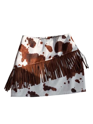 SOLY HUX Women's Cow Print Fringe Mini Skirt Summer Going Out Skirts Western Country Concert Outfit Rust Brown Cow Small