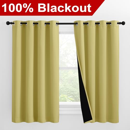 Image of NICETOWN 100% Blackout Curtains with Black Liners, Thermal Insulated Full Blackout 2-Layer Lined Drapes, Noise Cancellation Window Draperies for Dining Room (Paler Yellow, 2 Panels, 55 inch W by 57 inch L)