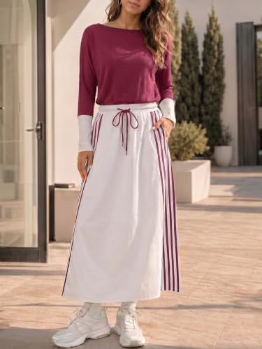 Fisoew Womens Casual Dresses Long Sleeve Oversized Sweatshirt Patchwork Drawstring Waist Color Block Loose A Line Maxi Dress — view 2