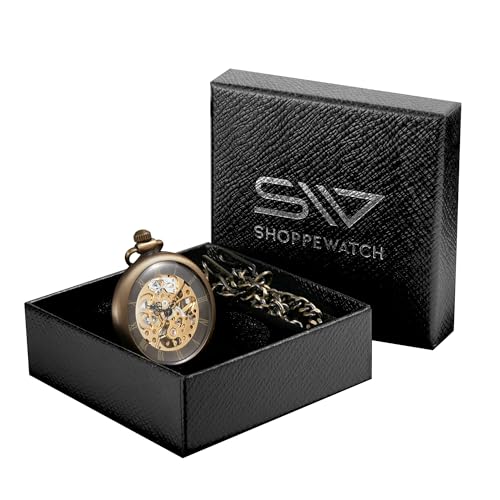 Image of ShoppeWatch Mens Pocket Watch with Chain | Classic Hand Wind Mechanical Movement | Open Face Pocketwatch ad Chain - 1920s Railroad Steampunk Costume Accessory
