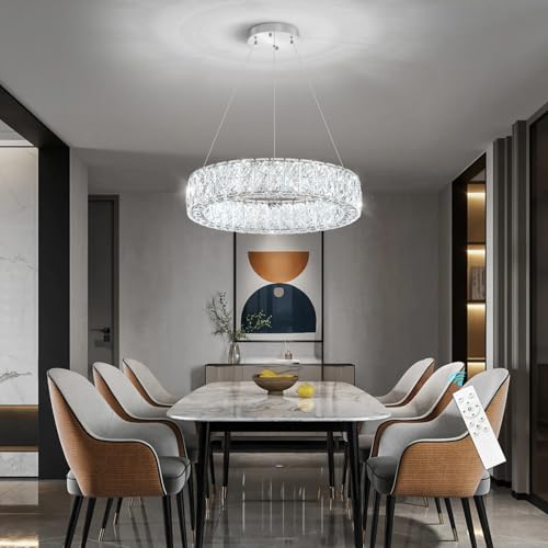 HAIXIANG LED Dining Room Chandelier Crystal Ring Pendant Lighting for Kitchen Island Bedroom Dimmable Hanging Light Entryway Foyer Ceiling Lighting Silver