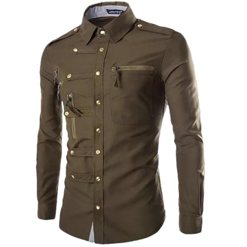 Mens Multiple Zipper Wears Metal Button Up Shirts Steampunk Coat Long Sleeve Gothic Punk Men Cargo Work Shirt3