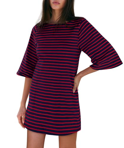 Image of Yousify Women's T Shirt Dress Cotton Summer Dresses 2026 Casual Loose Short Sleeve Striped Mini Dress with Pockets