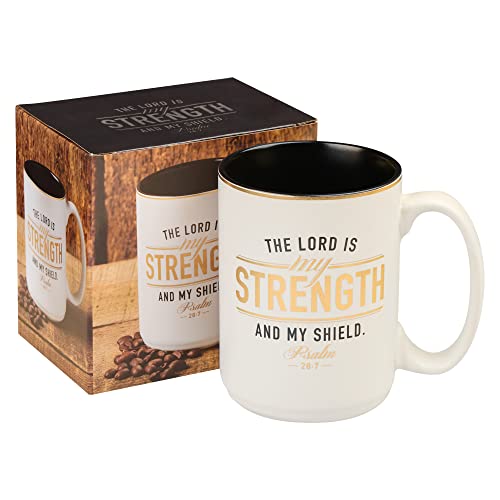 Christian Art Gifts Large Ceramic Encouraging Scripture Coffee And Tea Mug For Men: The Lord Is My Strength - Psalm 28:7 Inspirational Bible Verse Novelty Drinkware, White And Black With Gold, 14 Oz. #TOP2