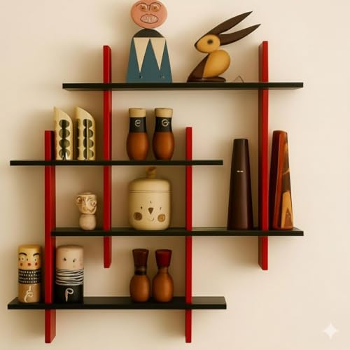 Image of Interlocking Wooden Wall Shelves Set of 1 Floating Wall Mounted Shelves for Home Decor | Storage Display Rack for Living Room, Bedroom & Office | Modern Wall Decoration Items (BLACK RED)