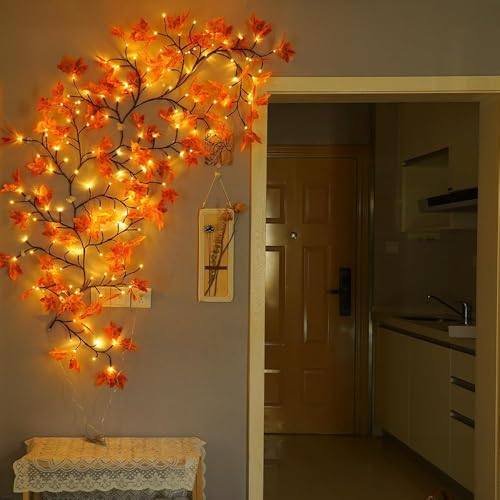 Image of Cherry Blossom Lights with 72 Maple Leaves, Wall Light White Decorative Tree Light for Bedroom & Living Room, Flexible Branch Wall Decor, Decorative Fairy String Lights