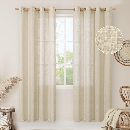 Image of LAMIT Semi Sheer Linen Curtains for Living Room, 80 Inch Length Light Filtering Panels Bronze Grommet Faux Linen Textured Window Drapes for Bedroom /Porch, Linen, 52 x 80 Inch, 2 Panels