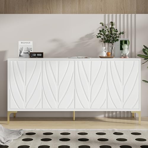 Modern White Buffet Cabinet with Storage, 60 Inch Fluted Sideboard