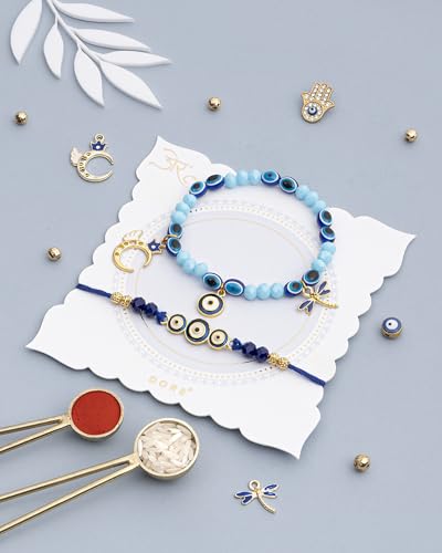 Image of HYPERFOODS Bhaiya Bhabhi Rakhi Set With Chocolate Evil Eye Rakhi For Brother Chocolates Gift Pack Rakhi With Chocolates Sapphire Hazelfills 5Pcs Bhaiya Bhabhi Evil Eye Rakhi Set,210 G