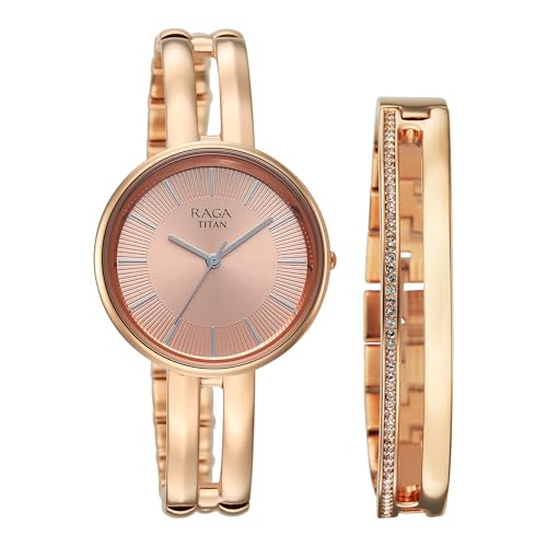 Image of Titan Raga Contempore Rose Gold Dial Brass Strap Watch for Women - 95310WM02F