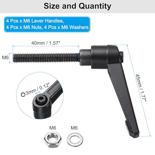 Image of uxcell 4pcs Lever Adjustable Handles M6 x 40mm Metric Male Thread with Nuts Washers, Level Clamping Handle Set Hand Stud Knobs Rotating Screw Handles Bolts with Locking Lever, Black
