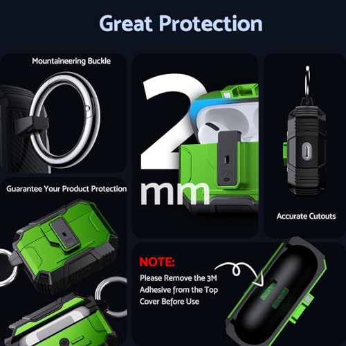 DASFOND Armor Earphone Cover Case for AirPods Pro 2, Military Grade Full Body Shockproof Protection Hard Case, Support Wireless Charging with Keychain, Magnetic Lid, Front LED Visible, Green by DASFOND - Used condition - Image 5