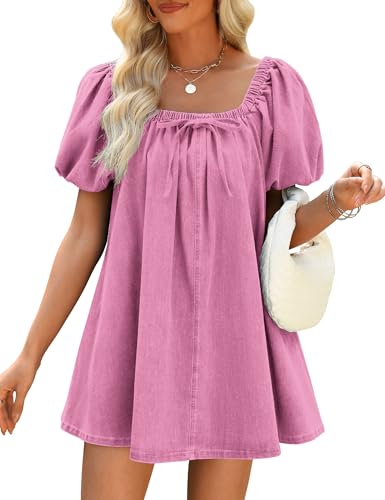 Image of Women Denim Dress Puff Short Sleeve Square Neck Jean Dress 2026 | Two Side Pockets, Babydoll Mini Dress, Stretchy Breathable Fabric, Casual Daily Outfits, Western Counrty Concert Outfits