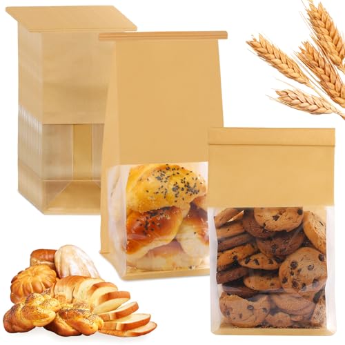 HONKID Bread and Cookie Bags with Seal 50 Pack 11 x 5.1 x 3.9 Inches Bakery Bags with Window Reusable Tin Tie Tab Lock for Sealed Baked Goods Packaging for Pastry Bagels Breads Treats Cookies Brown