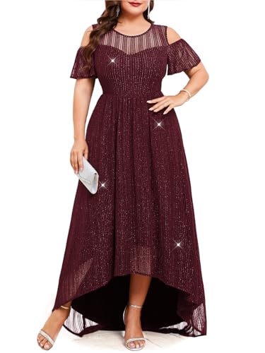 Image of ZOMVA Plus Size Sparkly Mesh Maxi Dress Cold Shoulder Ruffle Sleeve High Low A Line Dresses Wedding Guest Cocktail Party