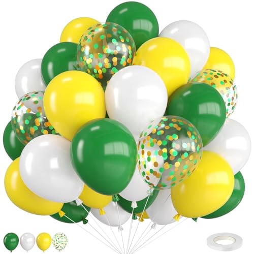 Image of Green and Yellow Balloons 12 Inch Dark Green Yellow White Balloons | Golf Balloons with Confetti Balloons and Ribbon for Birthday Baby Shower Football Golf Sport Theme Party Decorations