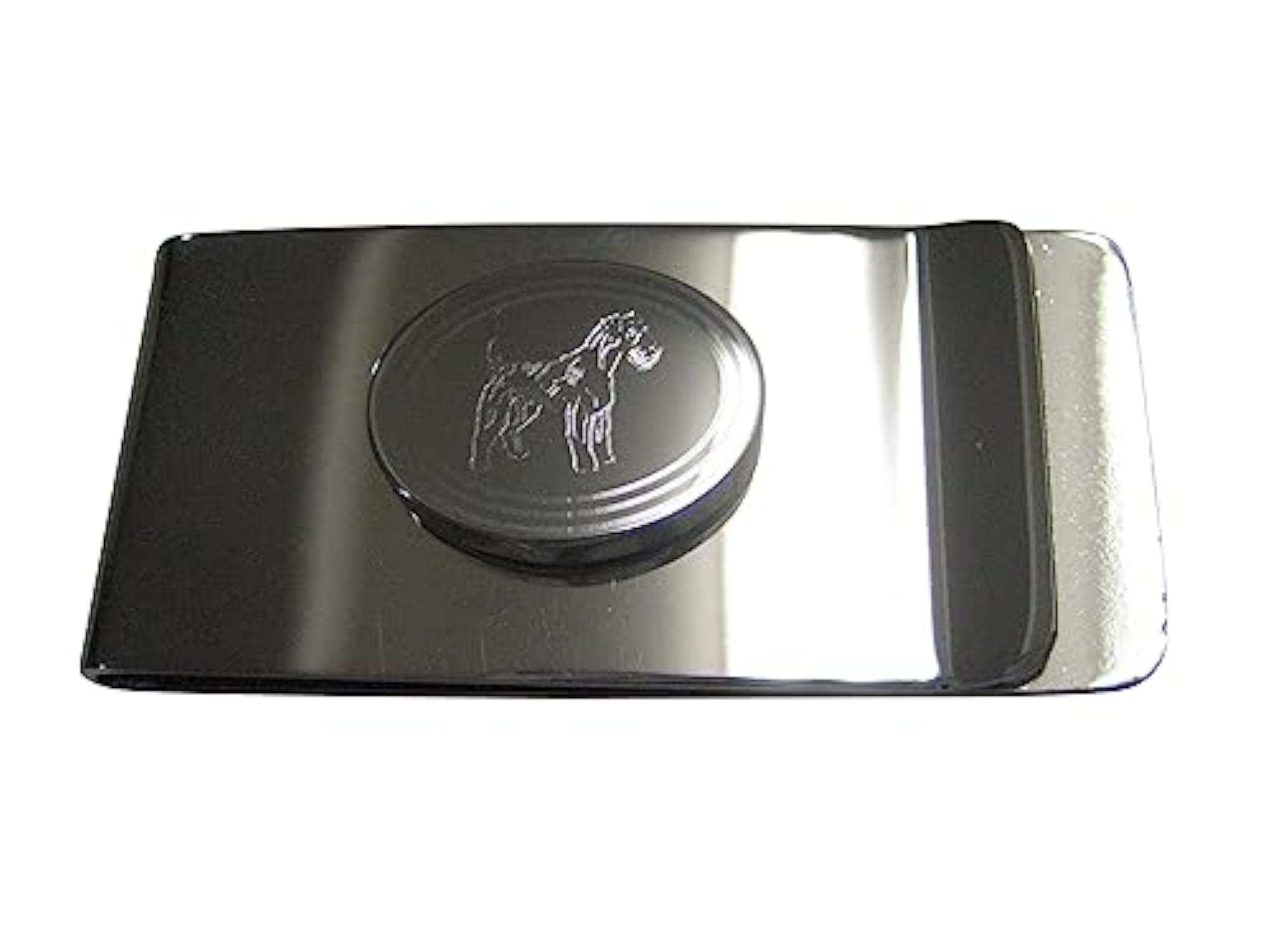 Silver Toned Oval Etched Terrier Dog Money Clip