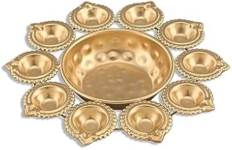 R Ayurveda Copper Diya Shape Iron Flower Decorative Urli for Home | Handcrafted | Golden | Decorative Metal Traditional Golden Bowl Table Decor Gift 10 Diya 10 inches