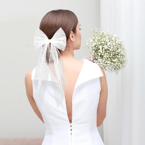 Pinza moño blanco con velo corto y perlas para novias miniatura 5