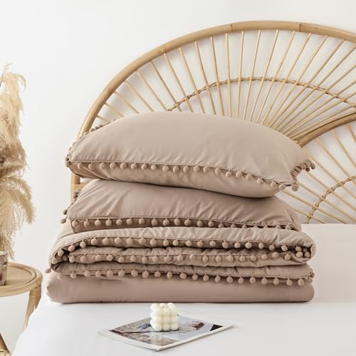 YIRDDEO King Size Comforter Set - King Size Comforter with Ball Pom Fringe, Soft King Bedding Set for All Seasons - 3 Pieces, 1 Comforter (104"x90"inches) & 2 Pillow Shams(20"x36"), Taupe