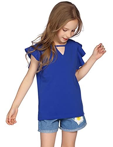 Greatchy Girls Short Sleeve Tee Ruffle Cap Sleeve Hollow Out Crewneck Blouse Shirt Top Blue #TOP1