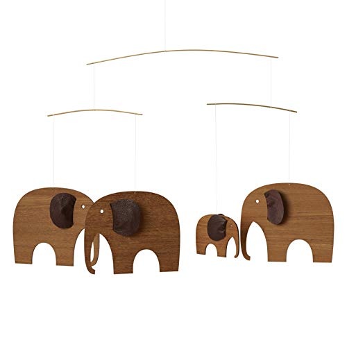 Mobile éléphant Flensted en teck | Un cadeau design iconique en cuir et bois marron
