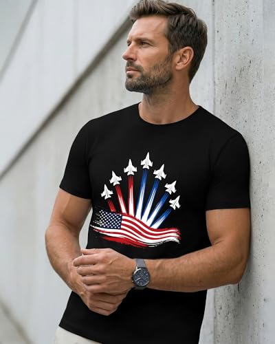 Aiyino Mens Patriotic Fighter Jet Graphic Tee American Flag Aviation Shirt 4th of July Gift Black L