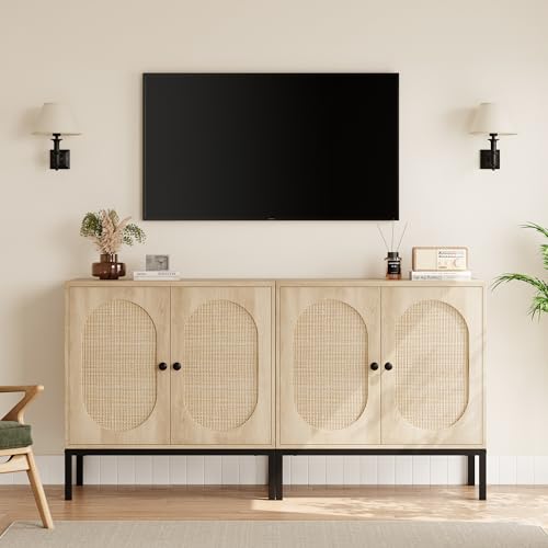 Image of Sideboard Buffet Cabinet with Storage, Accent Cabinet with Rattan Doors, Adjustable Shelf & Metal Feet, Coffee Bar Liquor Cabinet for Living Room, Dining Room, Hallway & Kitchen,Beige