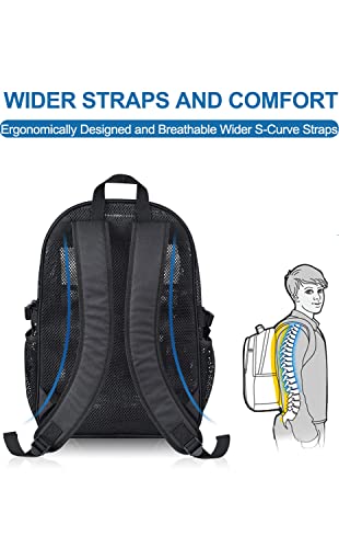 Heavy Duty Mesh Backpack For Adults, 22L Mesh Backpack For School, See Through Black Mesh Bookbag For Boys Girls With Comfort Padded Straps For School, Beach, Swimming, Fitness, Sports #TOP3