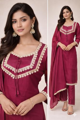 Image of Women's Ethnic Kurta Pant Suit Set, Lace Embellished Kurta with Palazzo Pants and Dupatta.