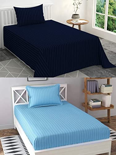 Image of Prime Collection 280 TC Combo Pack of 2 Single Sized (90x60) Satin Striped Bedsheet with 2 Pillow Cover Long Lasting Single Bedsheet for Hotel, Hospital and Home Use