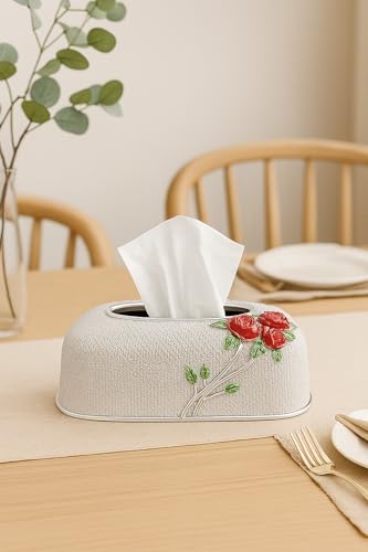 Image of Luxury Golden Tissue Box Cover with Red Rose Design Decorative Rhinestone Napkin Holder for Home Office Bathroom Car Elegant Gifting Idea for Weddings, Housewarmings (Silver)