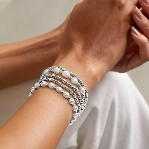 adoyi Silver Beaded Bracelets for Women, 14K Gold Plated Bead Bracelets Stack Trendy Stackable Bracelet Set Strand Stretch Pearl Ball Bracelet Bracelet Set Jewelry Set for Women Gift 6.8 inches by adoyi - Image 2