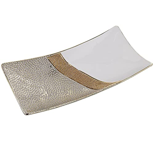 CENTRO RECT. CERÁMICA BLCO/PLATA C/BRILLOS ORO 40X20X9CM