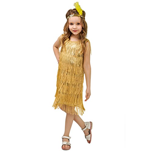 Dsplay Kids Girl's Fashion Flapper Satin Dress Costume (L, Gold) #TOP3